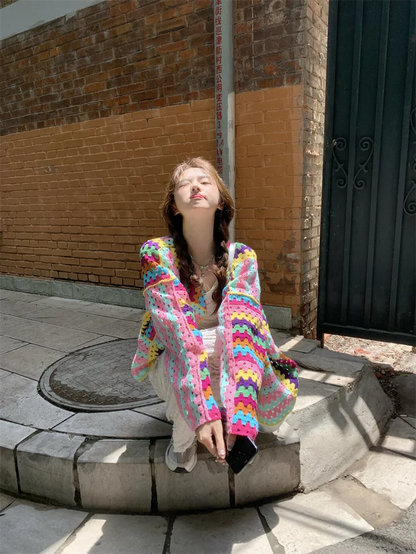 SALIENCY Colorful Crochet Knit Hollow Cardigan Sweater Jacket Women Spring Top Loose Short Knitwear