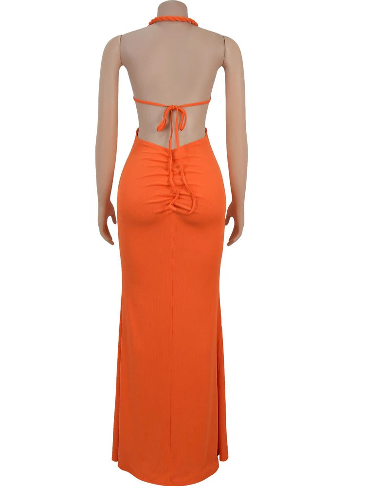 Beyprern Women's Cut-Out Ruched Maxi Dress Orange Sexy Halter Neck Backless High Slit Bandage Party Dresses Birthday Outfits