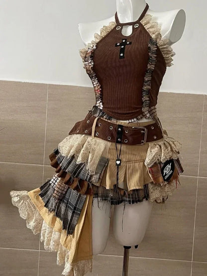 Punk Style Vintage Elegant Y2K Woman 2 Piece Sets Gothic Sleveless Crop Tops +High Waist Ruffle Skirt Female Party Chic Outfits