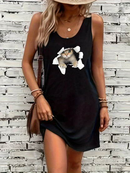 Women's summer loose, comfortable, casual, fashionable cat pattern printed black sleeveless vest skirt punk style dress