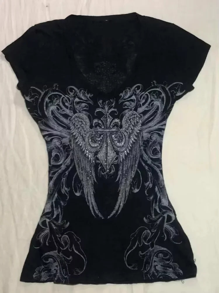 Vintage Clothes Women Print Sexy Punk Streetwear Slim Femme Tees Shirt Gothic Casual Grunge T Shirts 2000s Emo Y2k Crop Top