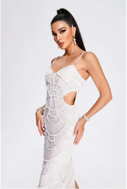Deluxe Exquisite Sequin Beaded Sexy Hollow Suspender Dress Celebrity Birthday Party Dinner Dress Sweet Date Prom Dress
