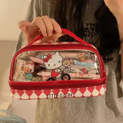 Cartoon Hello Kitty Pencil Case Cute Sanrio Kuromi Large Capacity Double Layer Multifuntion Portable Pen Cosmetic Bag Kids Gift