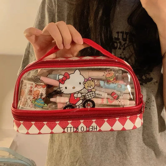 Cartoon Hello Kitty Pencil Case Cute Sanrio Kuromi Large Capacity Double Layer Multifuntion Portable Pen Cosmetic Bag Kids Gift