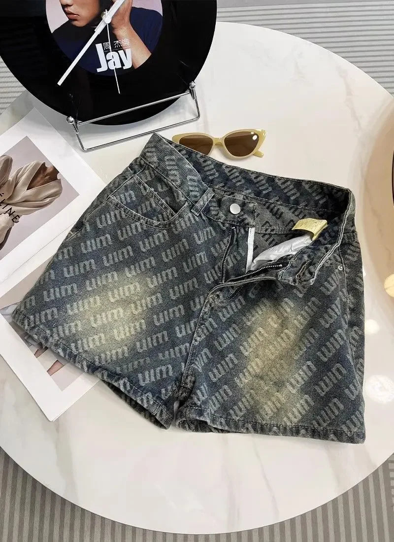 Letter Printed Denim Shorts  Women Design High Waist Loose Slimming Wide-leg A-line Hot Pants