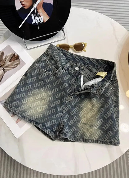Letter Printed Denim Shorts  Women Design High Waist Loose Slimming Wide-leg A-line Hot Pants