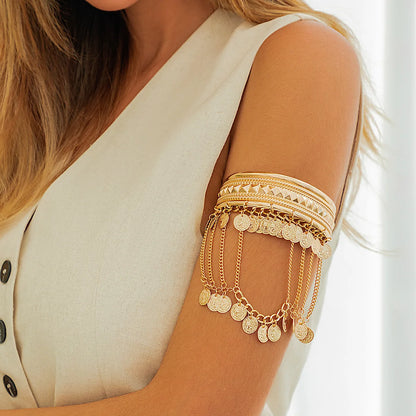 New Trendy Golden Metal Coin Leaf Chain Tassel Upper Arm Bangles Cuff Bracelet Armlet Armband Men Women Jewelry Accessories