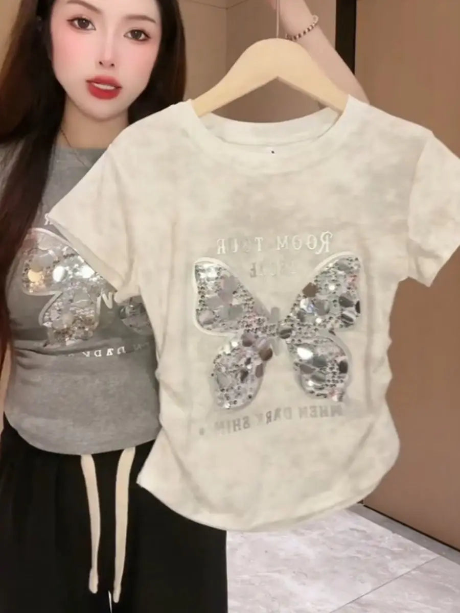 Sequin Butterfly Short Sleeved Full Shoulder T-shirt Women 2024 Summer New Casual Fashion Pleated Waist Slimming Top