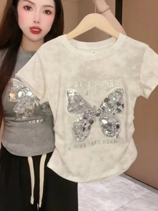 Sequin Butterfly Short Sleeved Full Shoulder T-shirt Women 2024 Summer New Casual Fashion Pleated Waist Slimming Top