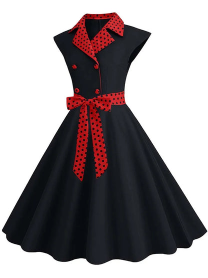 Notched Collar Vintage Solid Party Dresses Women Summer Sleeveless Belted Midi Swing Sundress