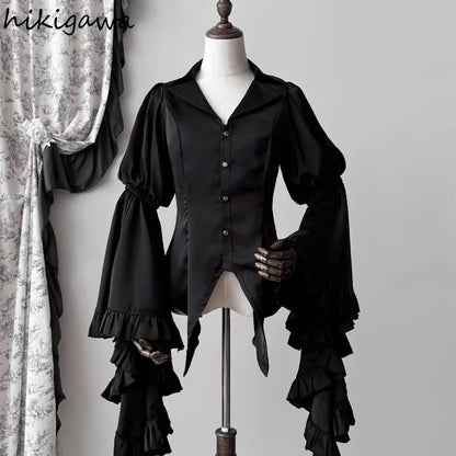2025 Camisas De Mujer Vintage Blouses Women's Clothes Temperament Lady Tops Japanese Shirt Flare Sleeve Goth Slim Fit Blouse