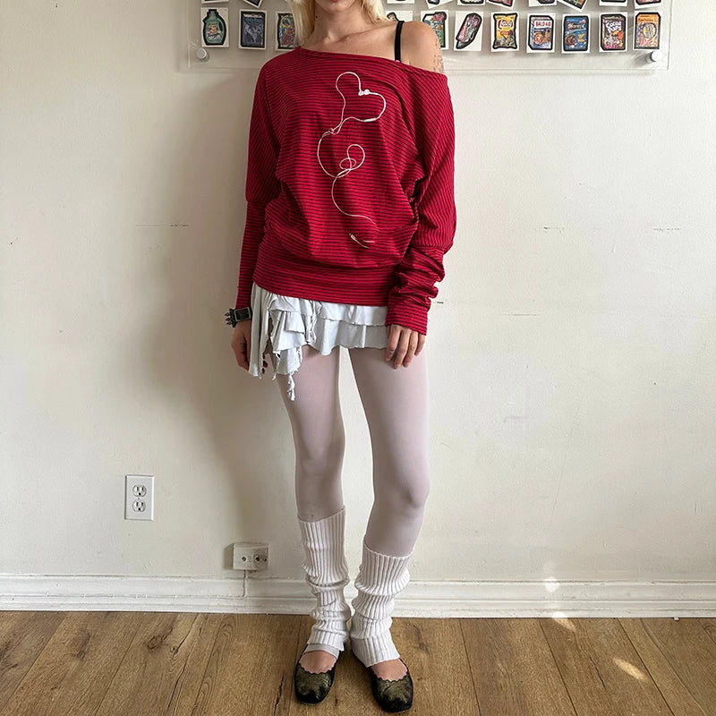 イーガール サイバーグランジ ストライプ Tシャツドレス 原宿 オフショルダー 長袖 ボディコン ドレス レディース プレッピー ヴィンテージ Y2K ショートドレス