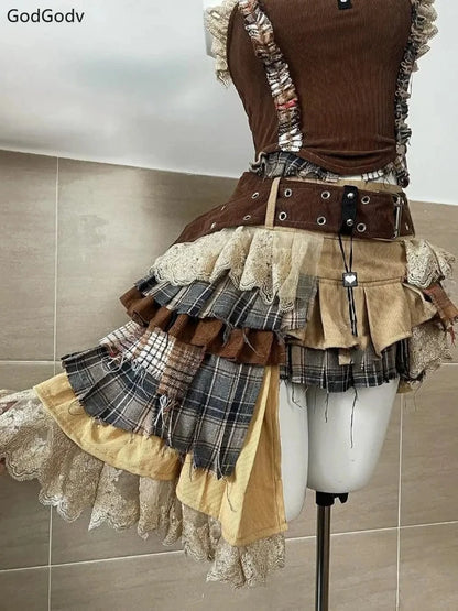 Punk Style Vintage Elegant Y2K Woman 2 Piece Sets Gothic Sleveless Crop Tops +High Waist Ruffle Skirt Female Party Chic Outfits