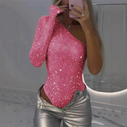 Women's One Shoulder Sequin Bodysuit Sexy Glitter Asymmetric One Shoulder Rhinestone Sequin Top Women's Bodysuit