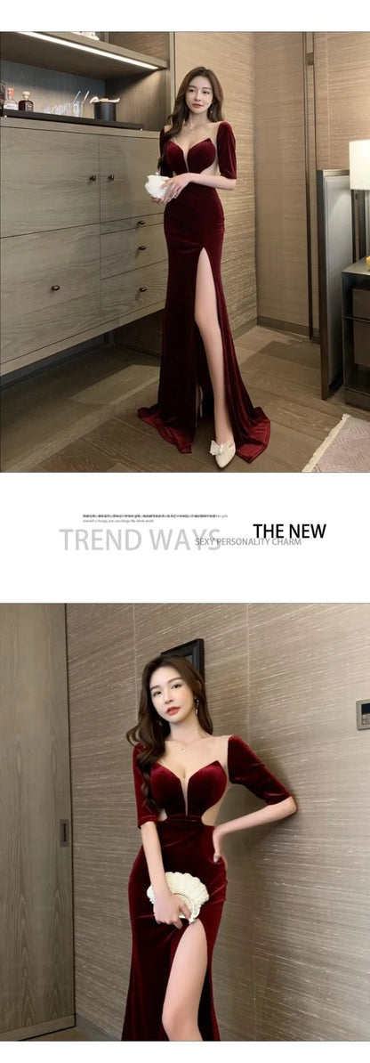 Velvet Sheer Deep V Neck Evening Gown Backless Floor Length Dress With Thigh High Slit Elegant Prom Gown Women Carpet Events