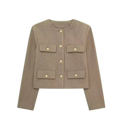 TRAFZA Women Vintage Solid Coat Button Long Sleeve O Neck Jacket With Pocket 2024 Autum Elegant Female Casual Outerwear Jakcet