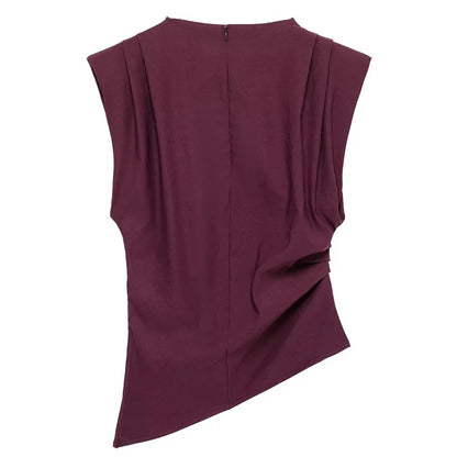TRAF 2025 Women Top Ruffled Asymmetric Tops For Women Tanks & Camis Ruched Sleeveless Tops Vest Burgundy Brown Black Tank Tops