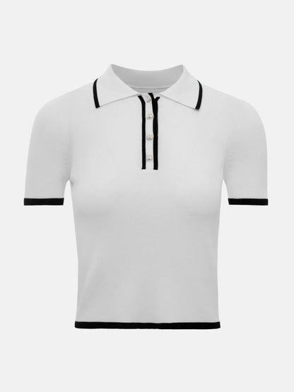 Knit Sweater Pullover Women Short Sleeve Patchwork Slim Lapel Elegant Contrast Knitwear Top Female Skinny Ribbed Pullover