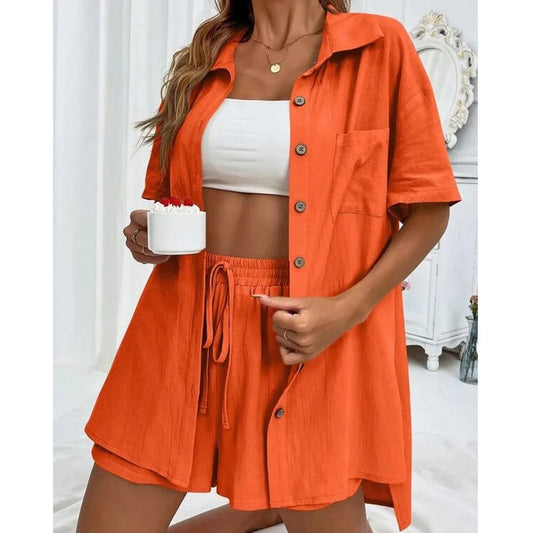 Long Sleeve Single breasted Top Broad legged Shorts Set Fashion Ladies Sexy Solid Suits 2024 Summer 2 Piece Outfits For Women