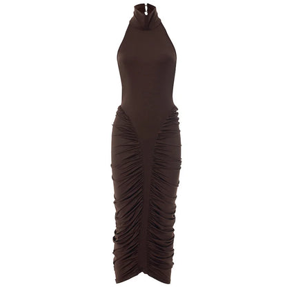 Mozision Turtleneck Backless Ruched Sexy Maxi Dress Women Brown Off-shoulder Backless Bodycon Club Party Long Dresses Female