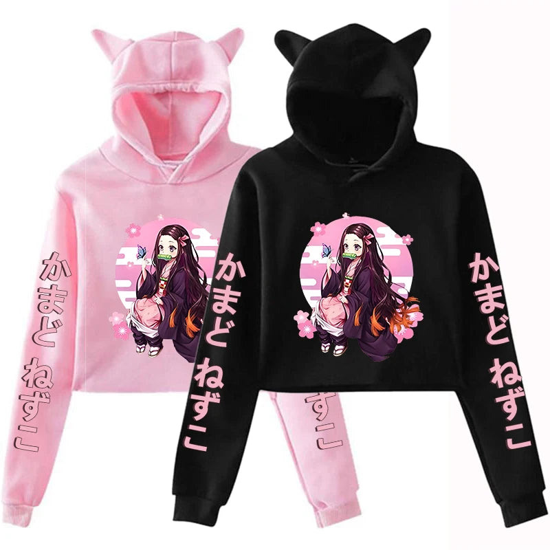 New Anime Kamado Nezuko Printing Cat Ear Hoodies Women Girls Fashion Streetwear Hoodies Sweatshirts Crop Top Pullover
