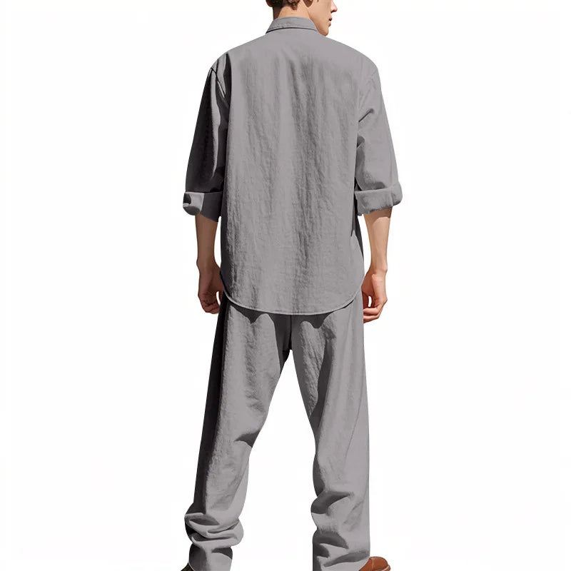 2025 New Spring and Summer Men's Suit Linen Casual Loose Breathable Long Sleeves Shirt Trousers 2Set of Beach Vacation Essential