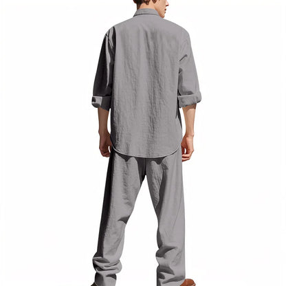 2025 New Spring and Summer Men's Suit Linen Casual Loose Breathable Long Sleeves Shirt Trousers 2Set of Beach Vacation Essential