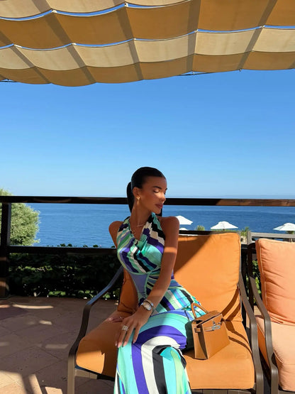 Elegant Sleeveless Backless Slim Bodycon Maxi Dresses Fashion Printed Halter Long Dress for Women Chic Summer Beach Party Robes