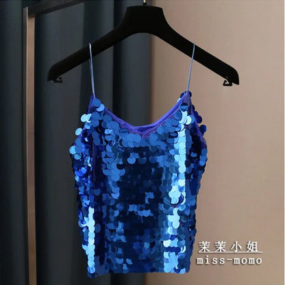 Women Sequins Temperament Sexy Peplum Camisole Top V Neck Strap Camis Club Girls Sequin Sleeveless Short Camisole Vest Tops 2024