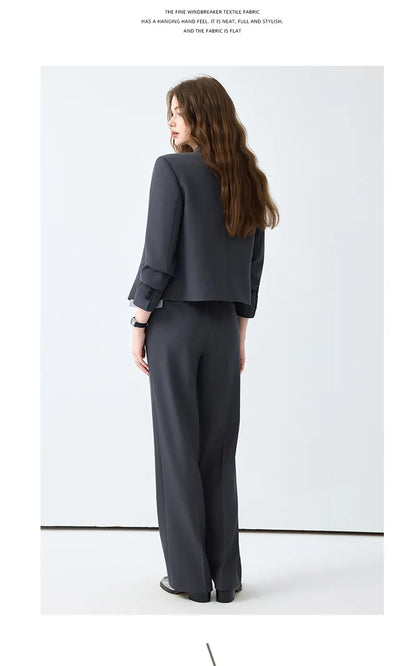 Solid Suits for Women 2025 Spring Fashion Office Ladies Long Sleeve Double Breasted Short Tops Chic Cargo Pant Suits