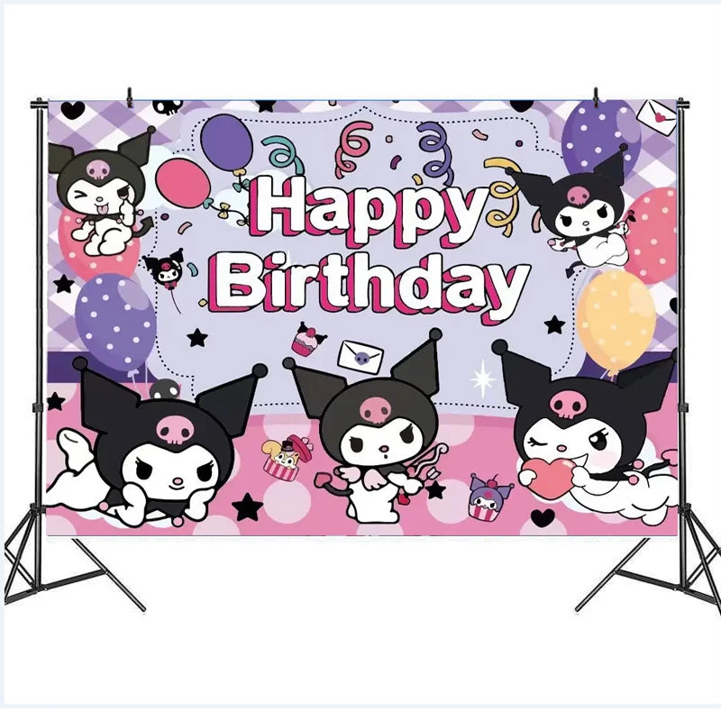 Kuromi Theme Birthday Party Decoration Kid Shower Sanrio Girl Tableware Supplies Tablecloth Number Balloon Cake Topper Gift