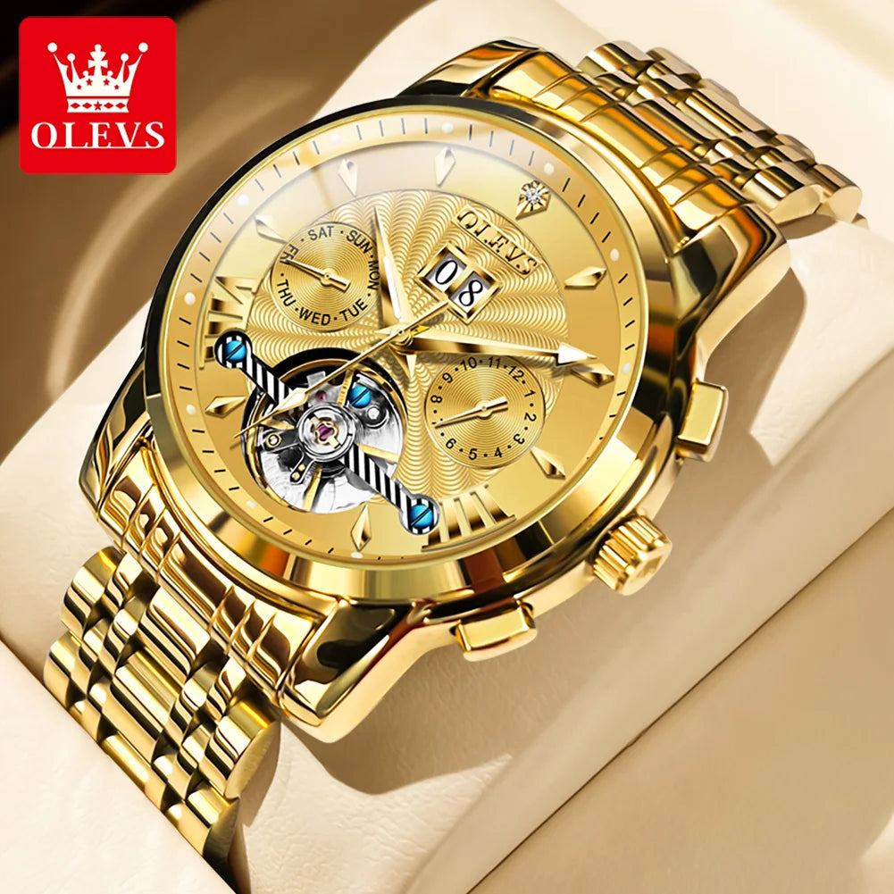 OLEVS 9965 Mechanical Watch for Men Tourbillon Dial Dual Calendar Display Luminous Automatic Mechanical Men's Watch