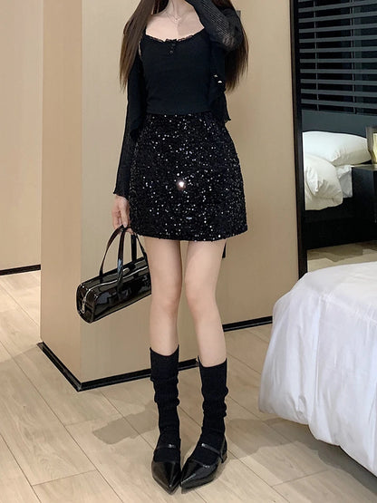 High Waist Sequined Casual A Line Skirts Women 2025 Elegant Korean Fashion Y2k Clothes Sweet Kawaii Black Micro Skirt Harajuku