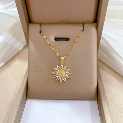1PCS Gold-color Necklace Ladies Light Luxury Style Flower Pendant Inlaid Zirconia Titanium Steel Chain Holiday Jewelry