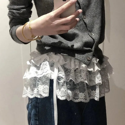 レディース Y2K 韓国風 レース ミニ レイヤード スカート ストリートウェア レースアップ フリル 原宿風 ハイウエスト プリーツ ジュペ スカート 衣服