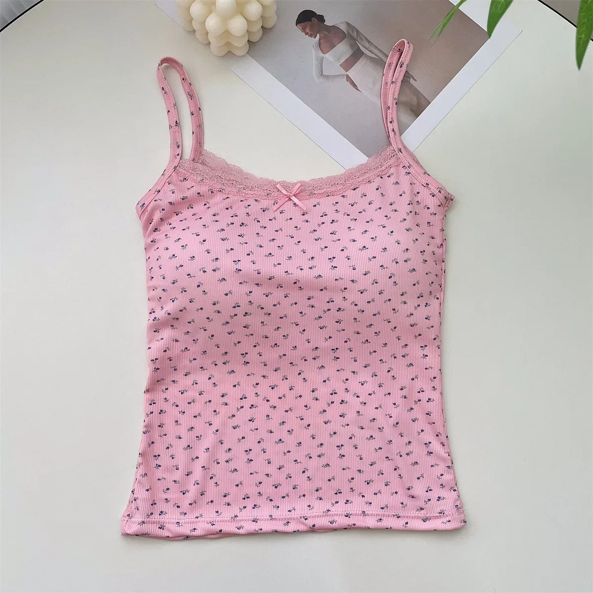 Summer Crop Tops Print for Women Bow Lace Camisole Sexy Backless Vest with Padded Basic Tank Top Bm Style Camis Y2k Streetwear