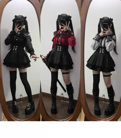 Kawaii Off Shoulder Long Sleeve Shirts Women Black Short Skirt Set Y2K Gothic Ruffle Skirts Lace Lolita Shirt Gown Suit ﻿﻿﻿﻿﻿