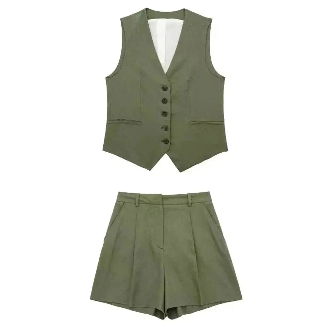 TRAFZA Women's Fashion Solid Linen Waistcoat Top V Neck Button Loose Casual Vest Summer Woman Streetwear Chic Vests Waistcoat