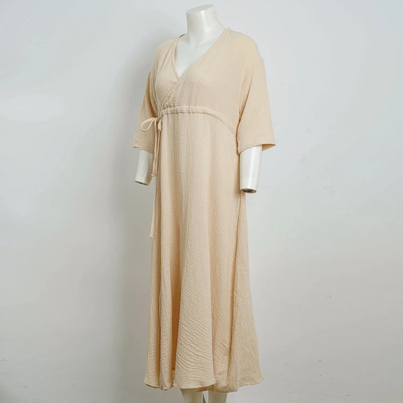 Elegant Party Dresses Women 100% Cotton Muslin Gauze Holiday Beach Casual Corset Waistband Ladies Robe Loose Soild Sundress