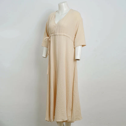 Elegant Party Dresses Women 100% Cotton Muslin Gauze Holiday Beach Casual Corset Waistband Ladies Robe Loose Soild Sundress