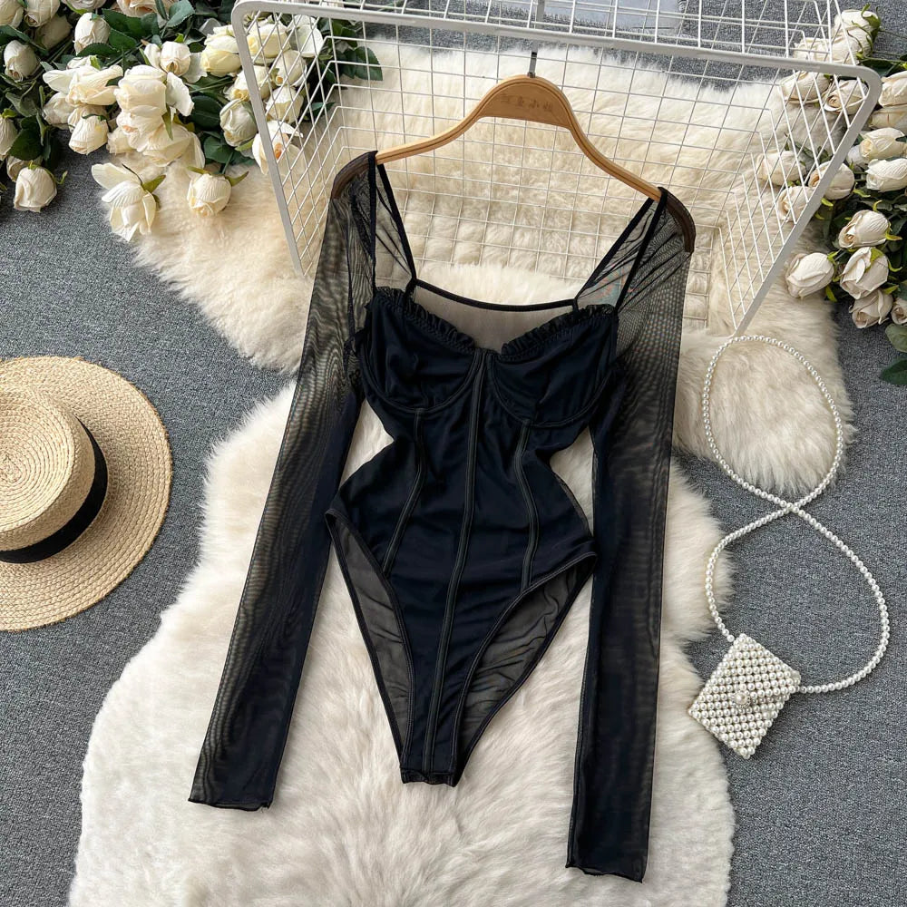 Women Sexy Mesh V Neck Slim Bodysuit Chic Long Sleeve Fashion Elastic Bodycone Jumpsuits Spring Autumn Hotsweet Gothic Playsuits