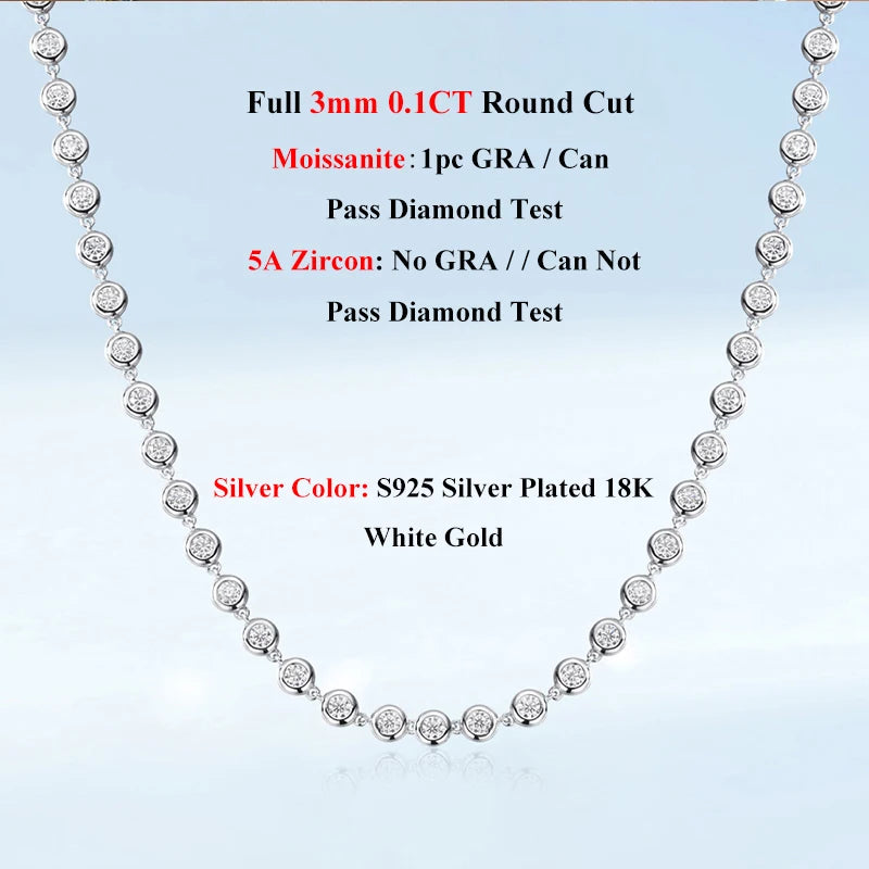 EWYA Round Bubble Full 3mm 0.1CT D Color Moissanite Tennis Chain for Women 925 Silver GRA Certified 16 18 20 inch Bezel Necklace