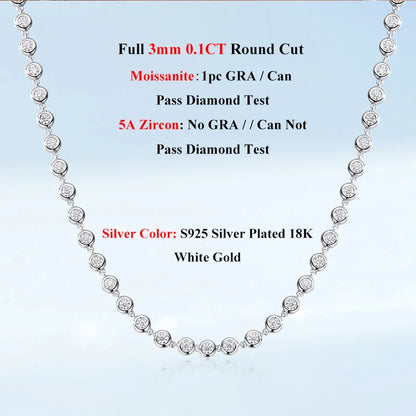 EWYA Round Bubble Full 3mm 0.1CT D Color Moissanite Tennis Chain for Women 925 Silver GRA Certified 16 18 20 inch Bezel Necklace