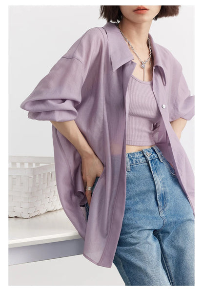 CHIC VEN Women Thin Shirt Long Sleeve Casual Loose Slightly Transparent Cool Blouses Woman Solid Design Female Top Summer 2024