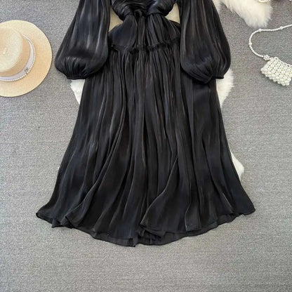 Elegant Long Sleeve Midi Party Dresses Women Summer Autumn Bright Faux Silk Retro Solid Evening Party Vestidos
