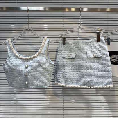 Women's Elegant Two Pieces Tweed Pearls Skirt Set Lady High Street Sexy O Neck Sleeveless Crop Tank Top + Minis Kirt
