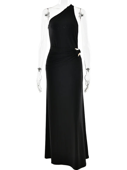 Sibybo Oblique Shoulder Sleeveless Ruched Maxi Dress For Women Gown Elegant Metal Rings Backless Bodycon Long Dresses Vestidos