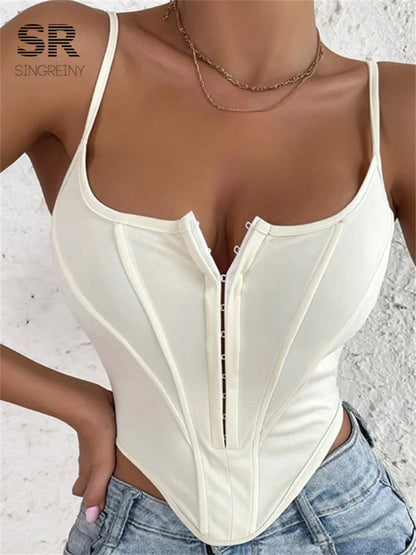 SINGREINY Patchwork Slim Camisole Women Backless Strap Y2K Crop Top Zipper Streetwear Ladies Fashion Sexy Club Summer Tank Top