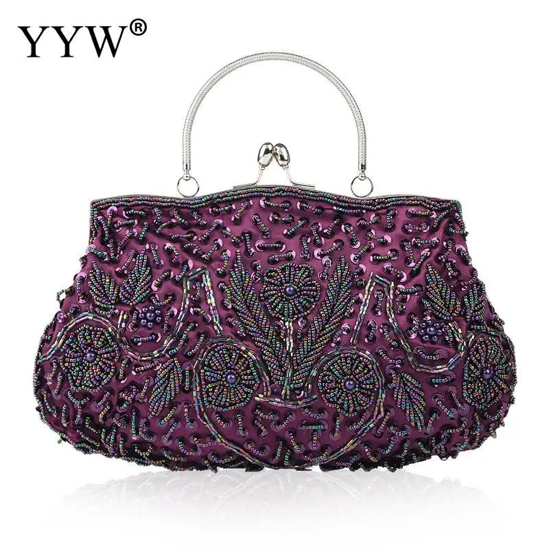 Crystal Beaded Evening Party Clutch Handbag Women Floral Printing Soft Tote Bags Metal Top Handle Wedding Brides Messenger Purse