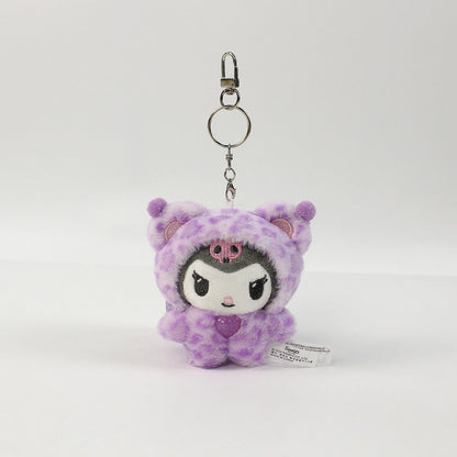 Sanrio Leopard Print Bear Hello Kitty Keychain Kuromi Cinnamoroll Bag Pendant My Melody Plush Doll Toys Decoration Gift for Girl